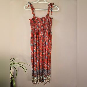Lildy Boho Smocked Maxi Dress - Red Floral Paisley - Size L/XL